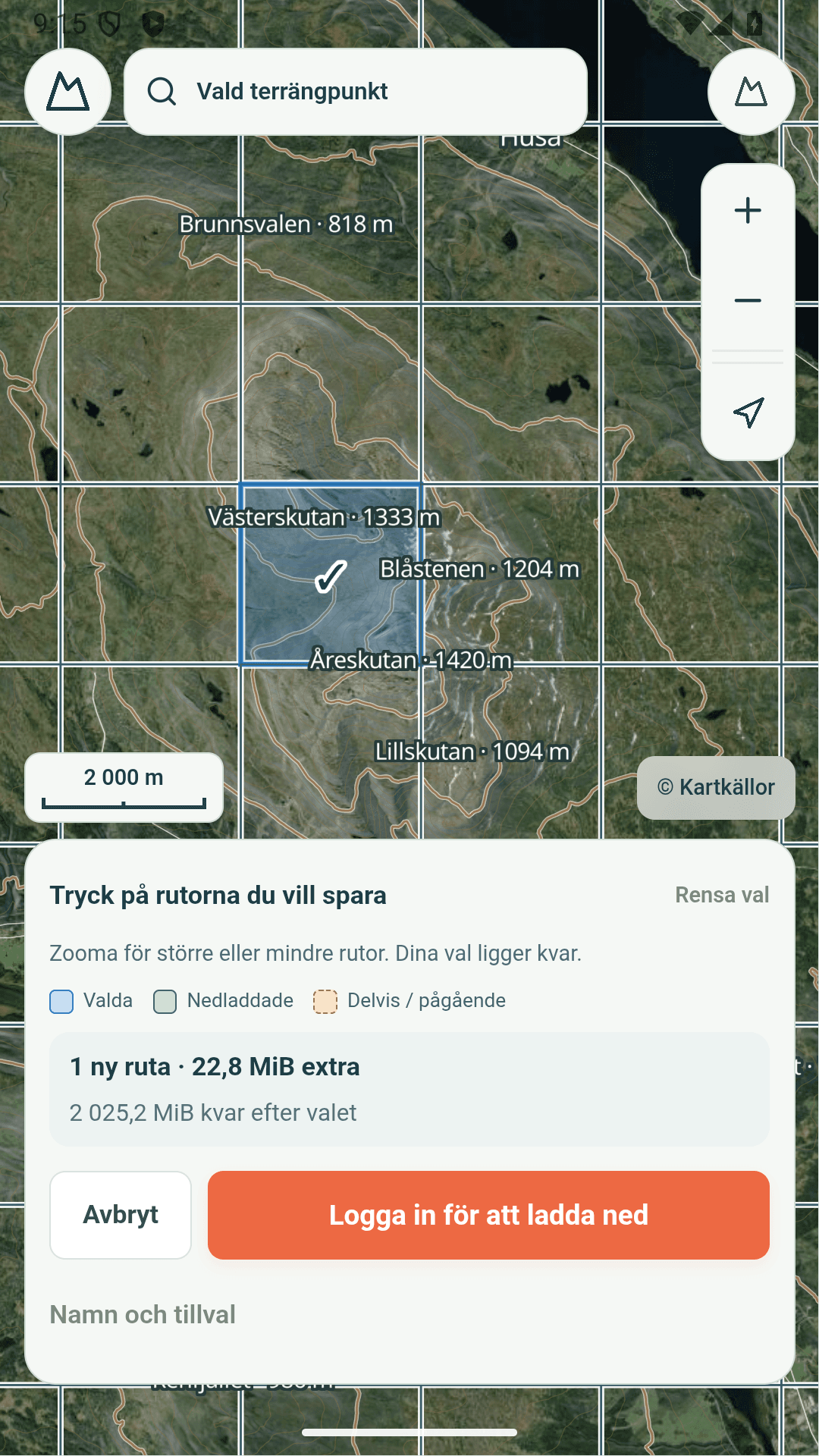 Linechecks offlinevy i Android med val av egna kartrutor.