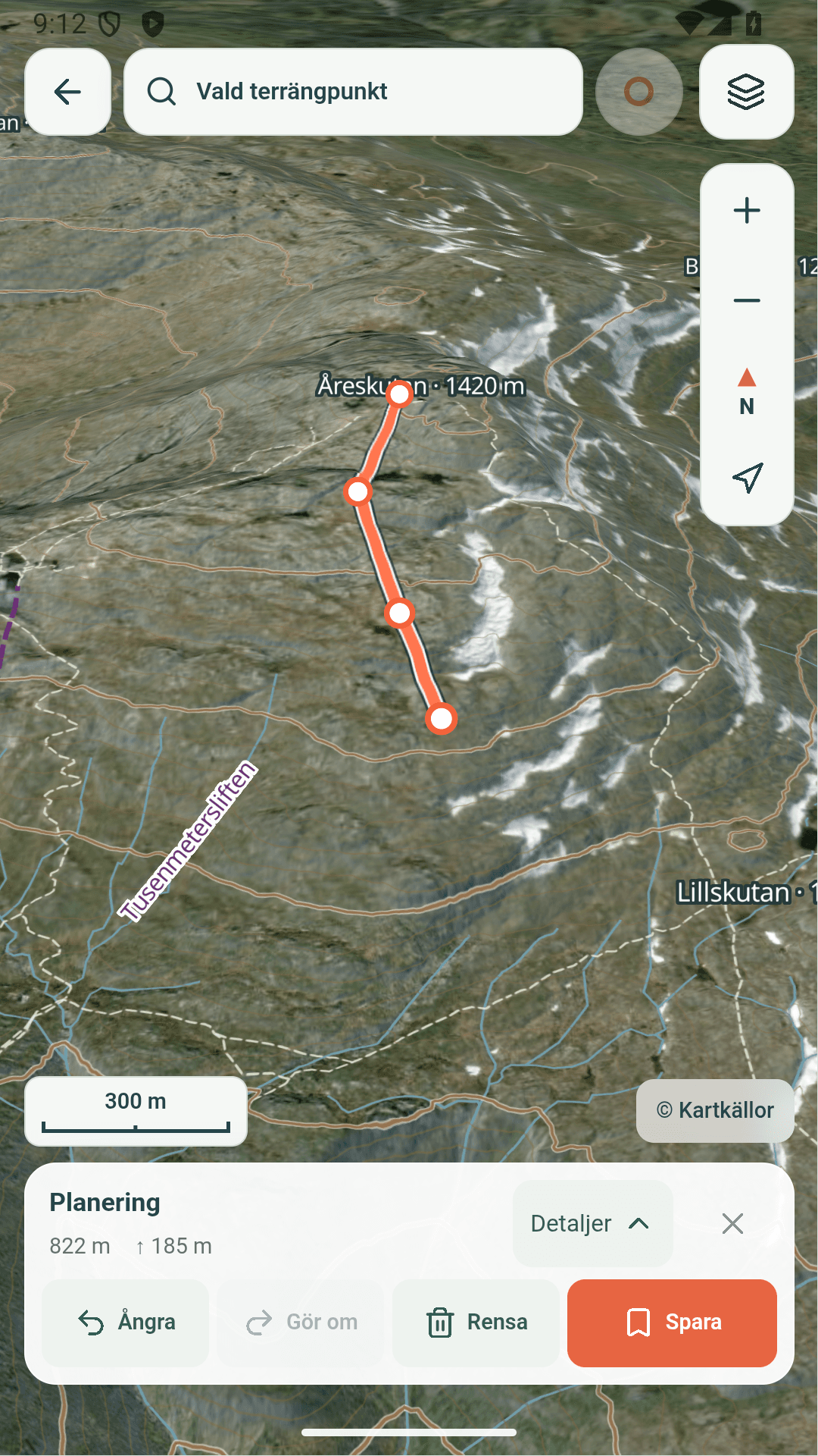 Övningsrutt i Åre visad på Linechecks 3D-karta i Android.