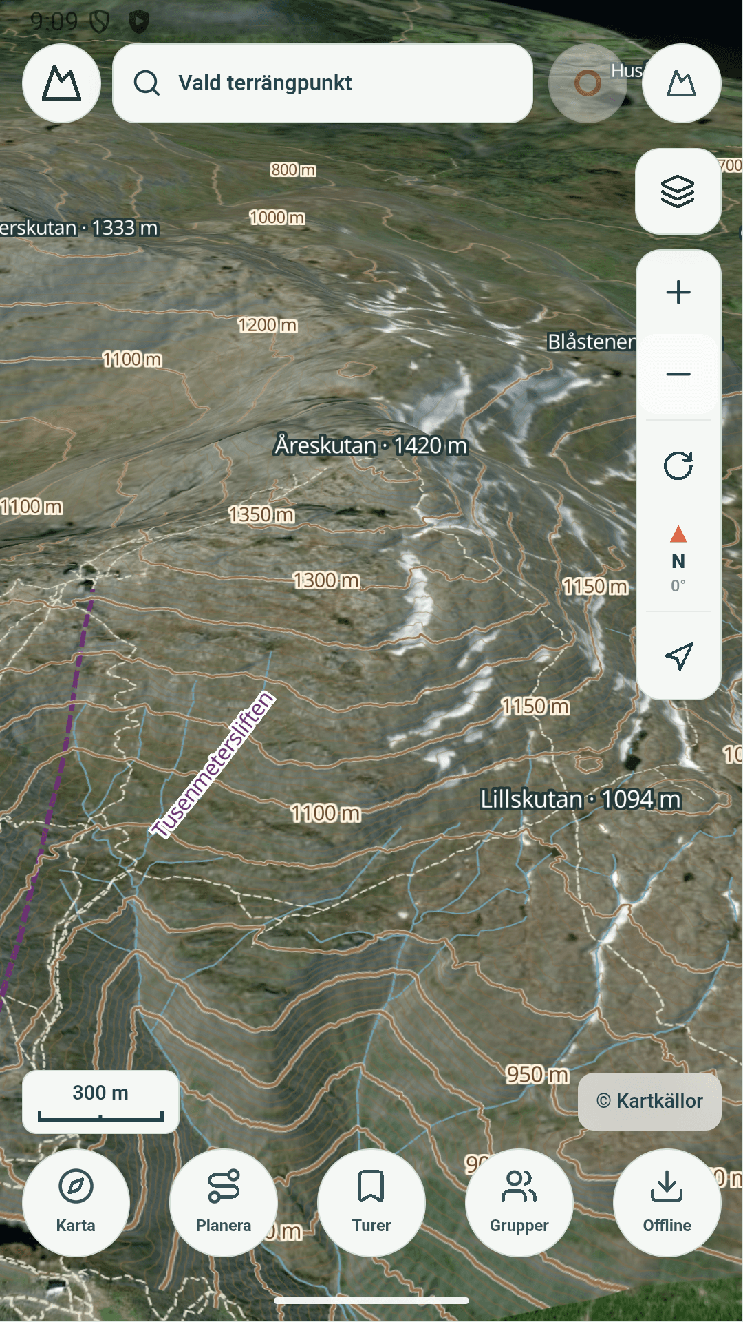 Linechecks Androidapp med 3D-terräng över Åre och kartkontroller.